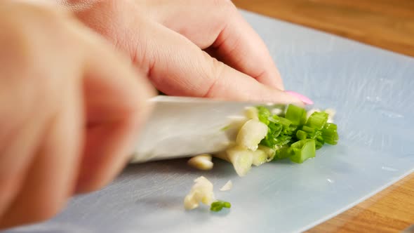 Chopping fresh spring onions by female hand with sharp knife