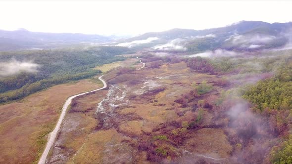 Aerial flight over green and red forest following road in Tasmania in Australia, extreme wide distan