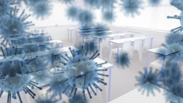 Animation of macro coronavirus cells spreading over an empty school classroom