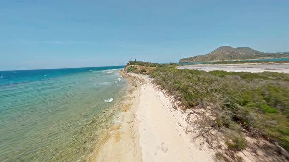 Drone Flight Over White Sand Caye In The Caribbean Sea. Isla Cabra Off The Coast Of Montecristi In T