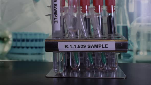 A metal tube rack labeled with B.1.1.529 is holding test tubes and syringes. More test tubes are bei