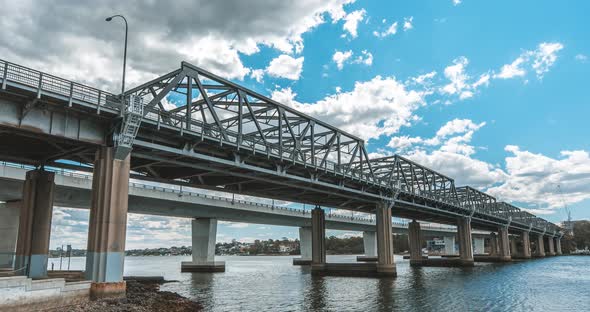 Hyperlapse footage of Iron Cove Bridge in Sydney during sunny day and blue sky.4K shot.
