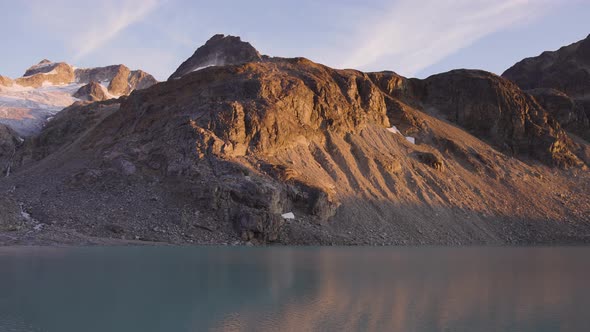 Panoramic View of Vibrant Colorful Glacier Lake Up in Rocky Mountains