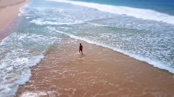 Asian Woman Feet Walking Barefoot Beach Golden Sunset Leaving Footprints Sand