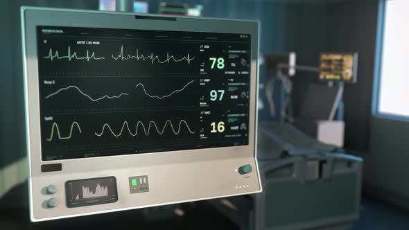 Modern ECG Machine Monitoring Patient In Operating Room Of Health Care Hospital alt