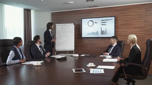International Business Meeting, Businessman Speak at a Meeting and Shows Financial Infographic in