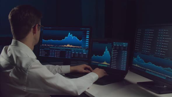 Trader working in office at night using workstation and analysis technology.