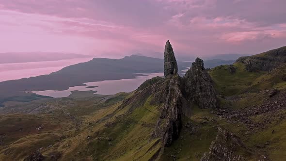 Cinematic Flight Over the Old Man Of Stor in Autumn Isle of Skye Scotland