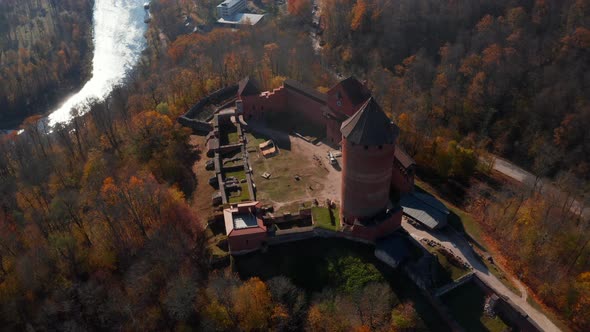 Aerial View of the Sigulda City in Latvia During Golden Autumn