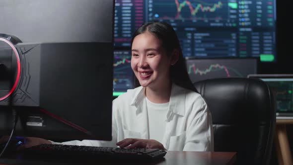 Female Stock Market Broker Working On Computer With Analyzing Graphs On Multiple Computer Screens