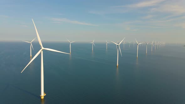 Huge Windmill Turbines Offshore Windmill Farm in the Ocean Westermeerwind Park Windmills Isolated at