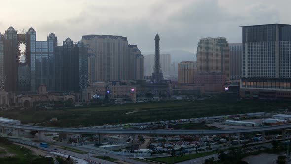 Macau Cotai Aerial Cityscape Day Timelapse Pan Up