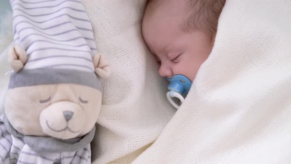 Little Newborn Baby Boy Sleeping in Crib with Baby Dummy and Teddy Bear