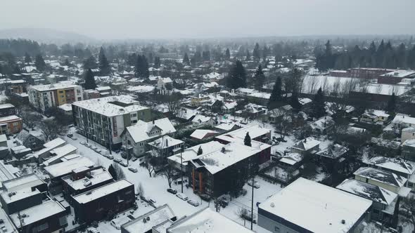 Snow Covered Streets Cars and Buildings in the Winter in Oregon