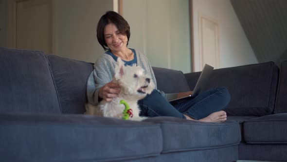 Happy mature woman working on laptop and stroking her dog