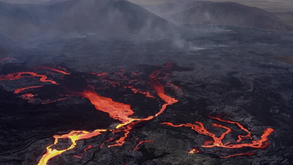 Aerial View Of Lava River From Erupting Volcano - drone shot