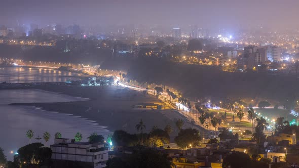 Aerial View of Lima's Shoreline Including the Districts of Barranco and Chorrillos Night to Day