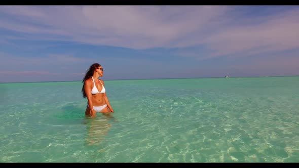 Single lady enjoys life on tranquil lagoon beach wildlife by blue sea and white sand background of t