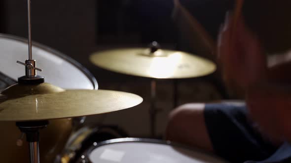 Closeup Drummer Rehearsing on Drums Before Rock Concert