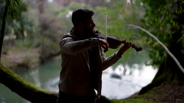 Silhouette of a Street Musician Playing a Musical Instrument Violin in a City Park Against the