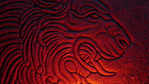 Stone Lion Carving In Firelight Detail