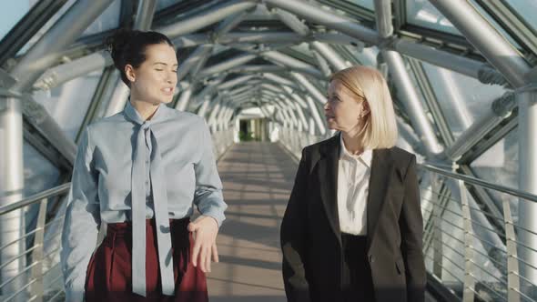 Female Business Partners Walking Along Glass Bridge