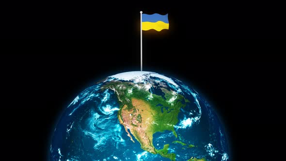 3d Rotated Planet Earth On Flying Ukraine Flag Animation