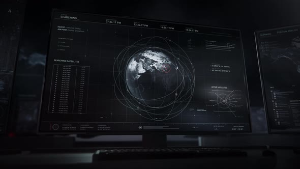 Computer program searching for three satellite signals above Asia on world map alt