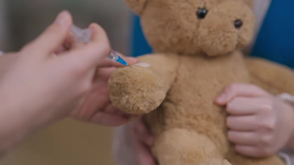 Teddy Bear with Teenage Caucasian Hands Injecting Medical Drug in Toy