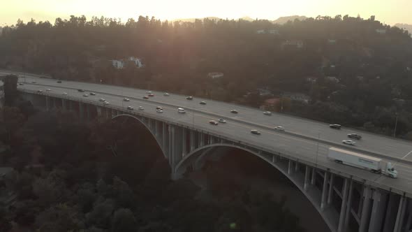 Aerial of Cars on Ventura Fwy in LA, California During Golden Hour