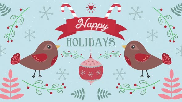 Animation of Happy Holidays words with moving birds on Christmas decorations background