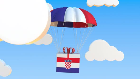 Box with National Flag of Croatia Falls with a Parachute