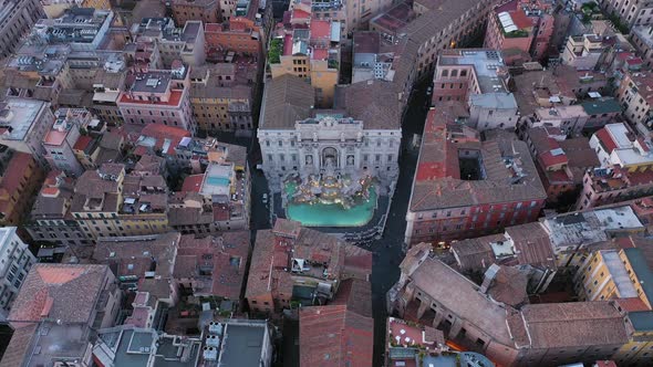 Aerial view of Trevi fountain (Fontana di Trevi) in Rome downtown, Italy.