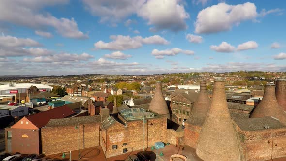 Aerial footage, view of the famous bottle kilns at Gladstone Pottery Museum in Stoke on Trent, Potte