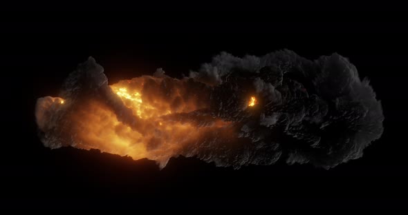 Fireball tornado, bright explosion with black clouds, smoke. alt