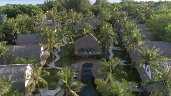 Aerial view of luxury resort surrounding by tropical, Gili Trawangan, Indonesia.