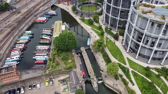 St Pancras lock kings cross regents canal  London UK drone aerial view