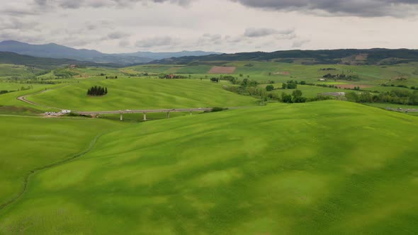 Flying over the beautiful Tuscany Italy landscape