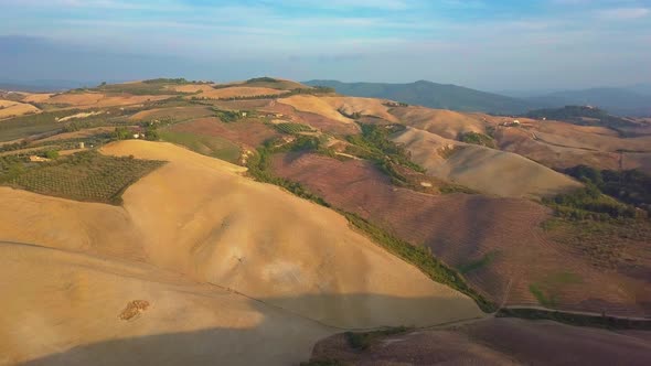 Aerial Nature Landscape Beautiful Hills Forests Fields and Vineyards of Tuscany, Italy