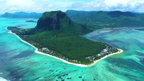 Aerial view of Mauritius island panorama and famous Le Morne Brabant mountain, beautiful blue lagoon