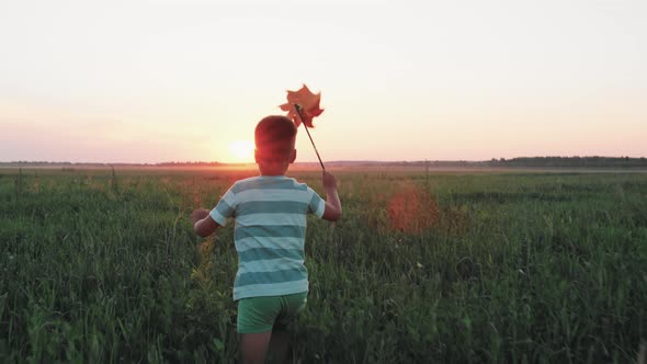 Boy Child Running with a Windmill in a Field