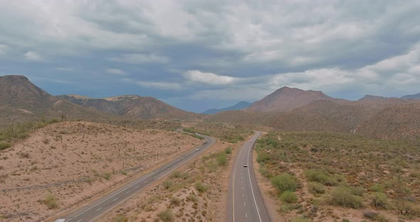 Panoramic View a Trip at High Speed Through the Arizona Desert to the Distant Mountains