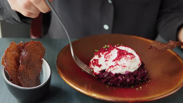 Vegan Tartar Salad with Beetroot and Gorgonzola Cheese Foam High Kitchen Vegetarian Dish Haute