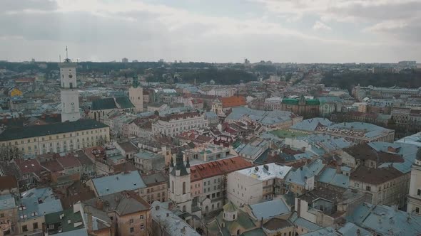 Aerial City Lviv, Ukraine. European City. Popular Areas of the City. Rooftops