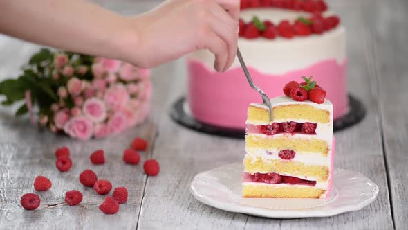 Raspberry cream cakes with jelly, close up.