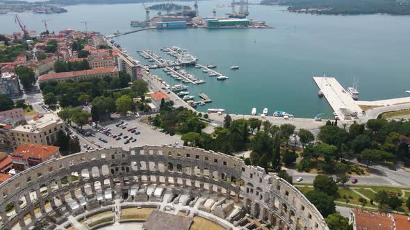 Pula, Croatia: Aerial bird's eye view over Roman Arena in Pula, Istria, Croatia .Beautiful aerial sh