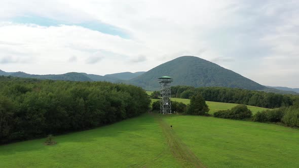 Aerial view of the Zlatnik lookout tower in the Slanske vrchy locality