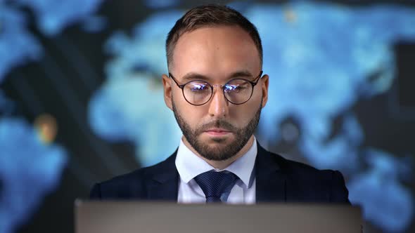 Successful Business Man in Tie Suit Working Laptop at Hi Tech Office Infographics Screen Closeup