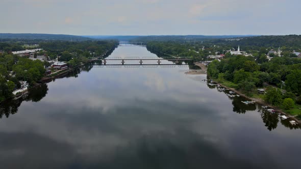 Overhead of Delaware River Landscape, View Near Small Town Historic New Hope Pennsylvania American