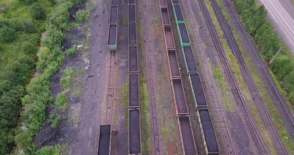 Coal Transportation by Railroad Cars, Aerial View.